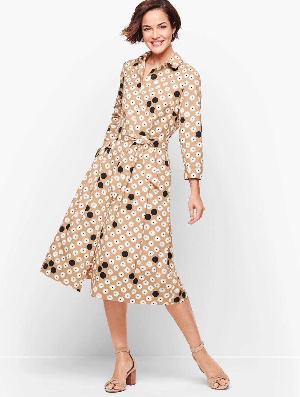 NWOT Talbots Floral Dot Poplin Midi Shirt dress Sz 8 Cotton 3/4 Sleeve Belted